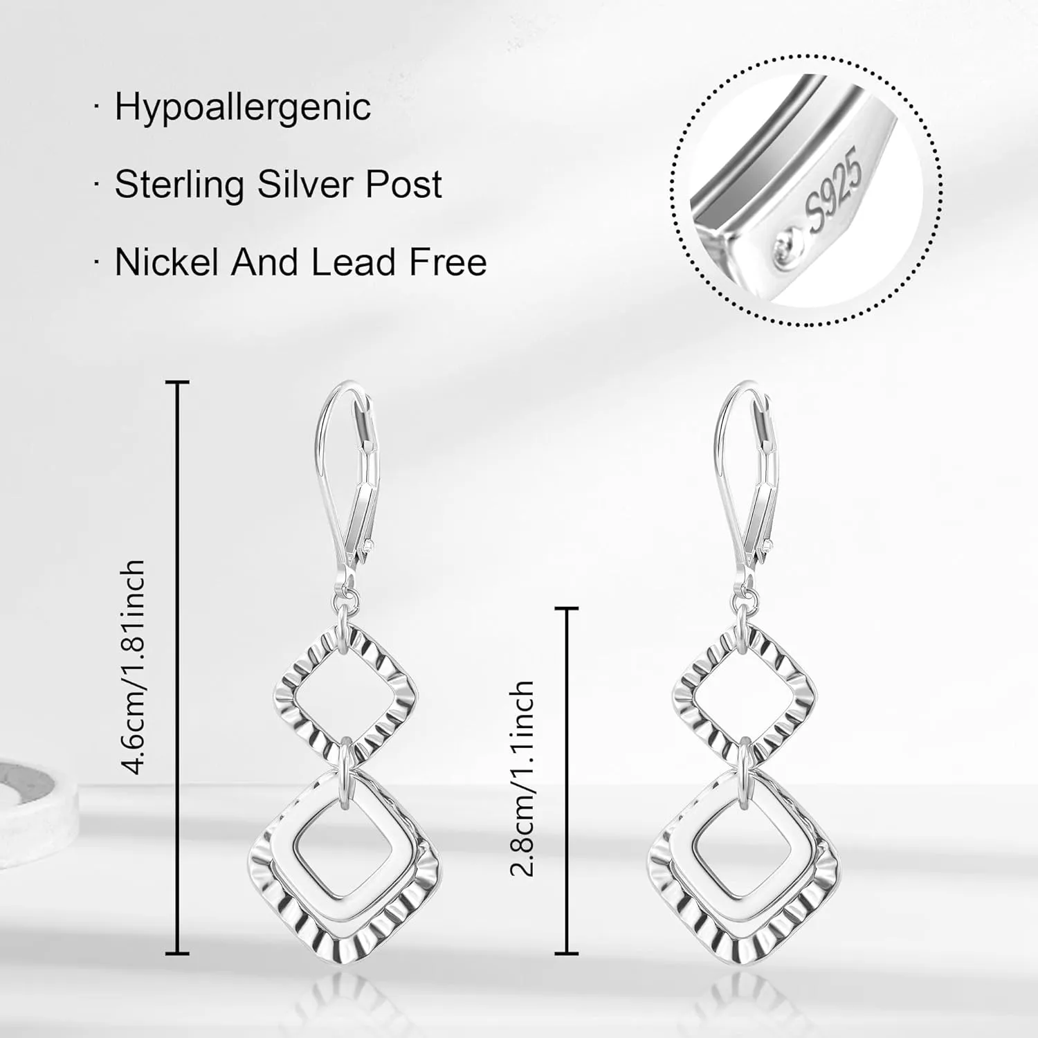 925 Sterling Silver 14K Gold Plated Dangle Earrings for Women, ALEXCRAFT Dangling Drop Geometric Handmade Hammered Square Earring Trendy Leverback Dangly Handcrafted Minimalist Earings Hypoallergenic