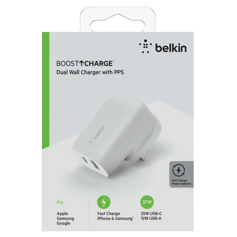 BELKIN BoostCharge Wall Charger 37W USB PD with PPS (25W USB-C 12W USB-A) - UK Plug - White