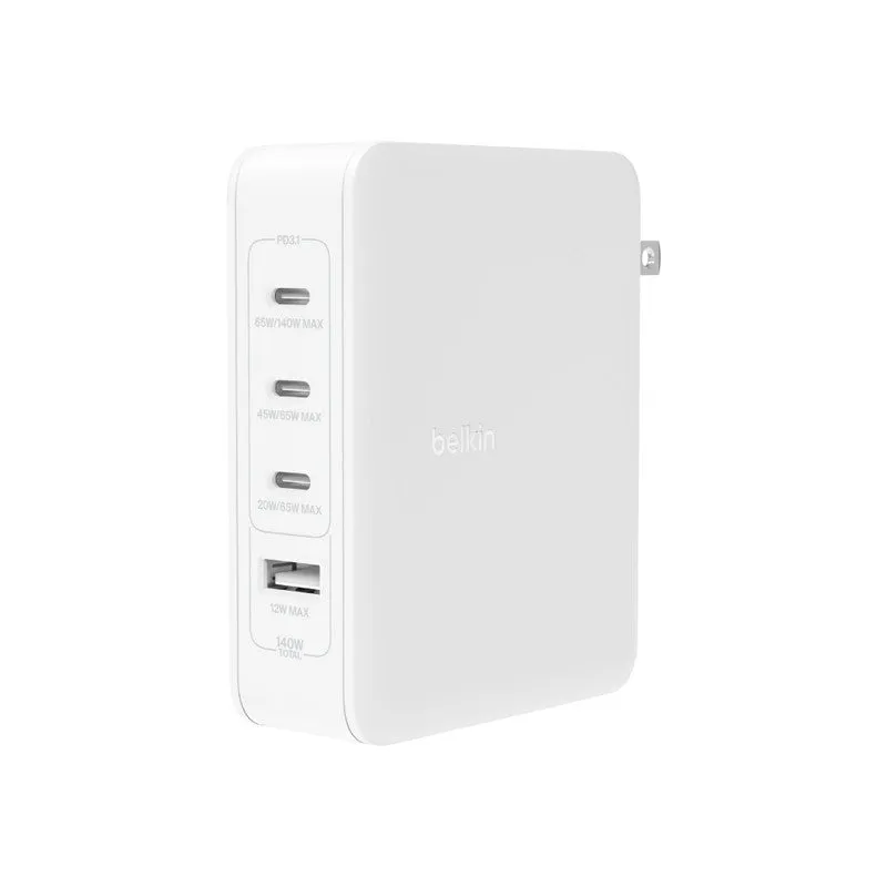 BELKIN Wall Charger GAN - 140W - 3x USB C (67W   30 W   30W) 1x USB A (12W) - White (UK EU US Plug)