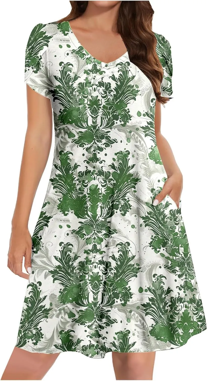 Boho Floral Dresses for Women Summer Short Petal Sleeve Mini Shirt Dress Loose Casual Beach Holiday Sundresses