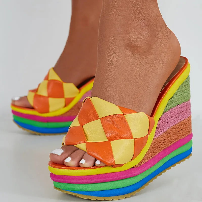 Braided Plaid Espadrille Platform Wedges Sponge Cake Slide Sandals