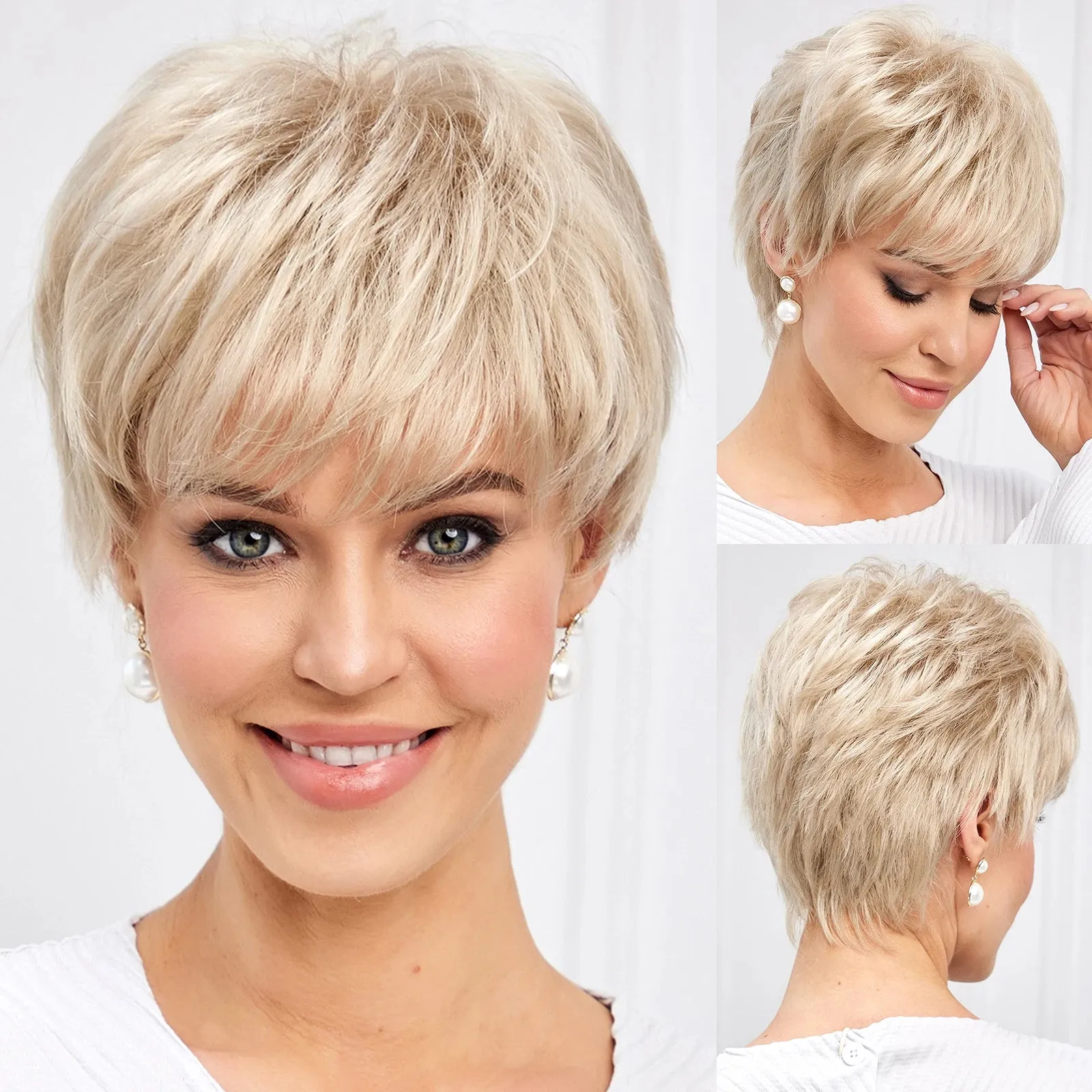 Chic Light Blonde Pixie Cut Wig with Bangs  Natural Look