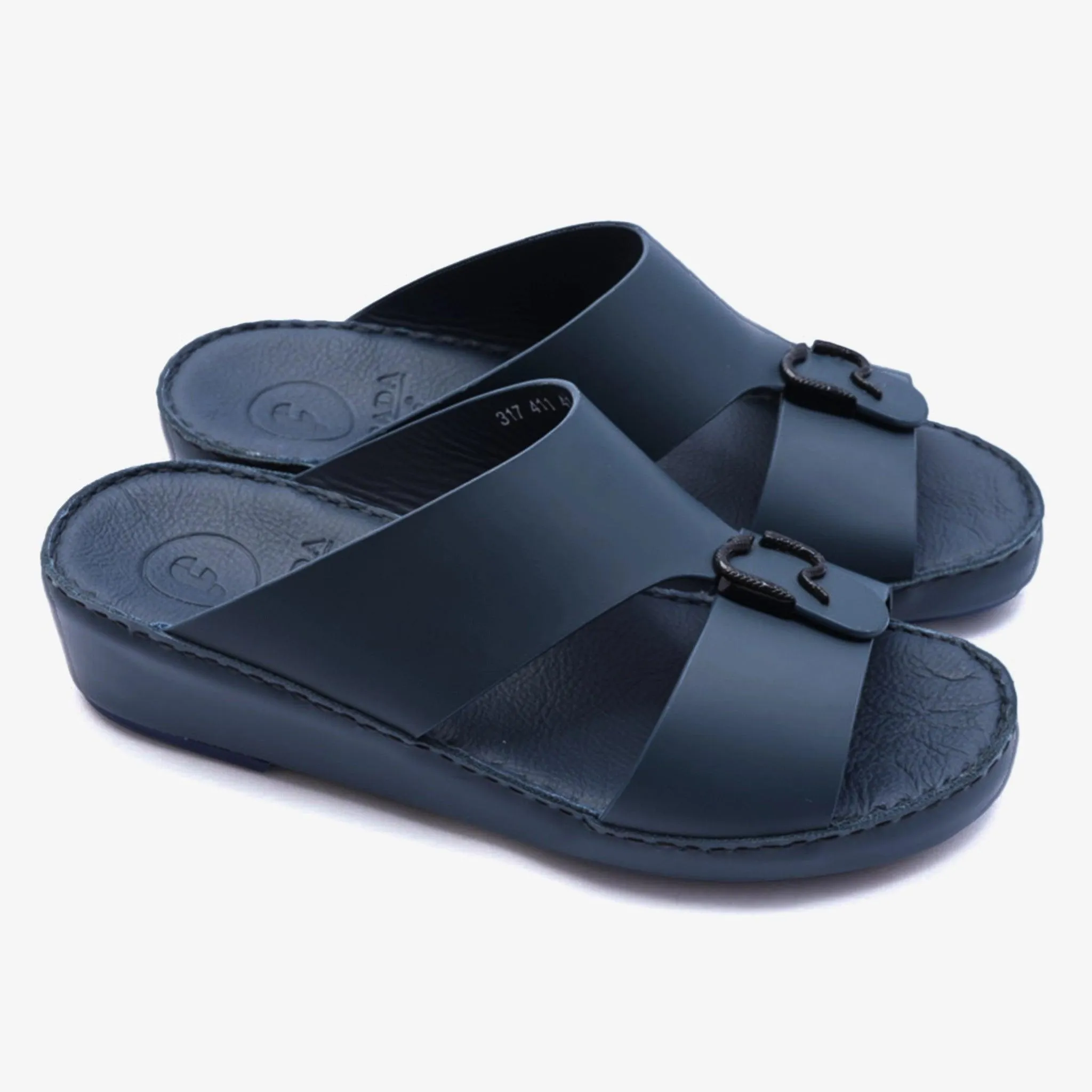 FARADA DA VINCI BRASS ICONIC DOUBLE F TRIM ARABIC SANDALS NAVY