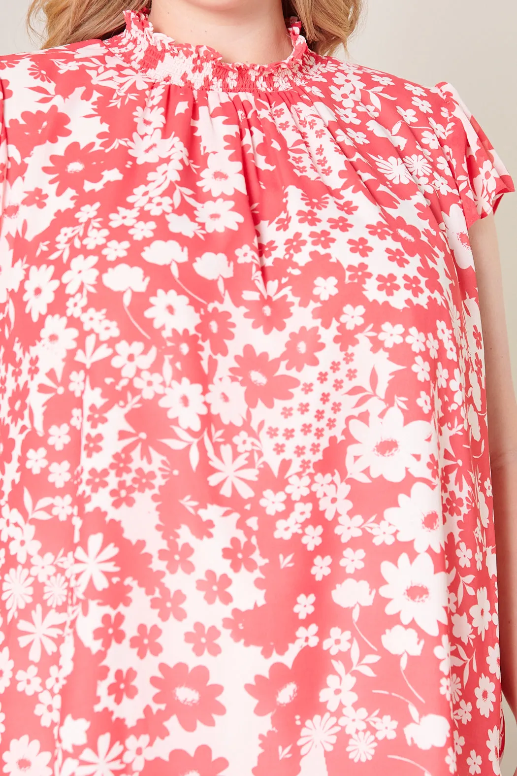 Kennedy Coral Floral Sun Up Mock Neck Blouse Curve