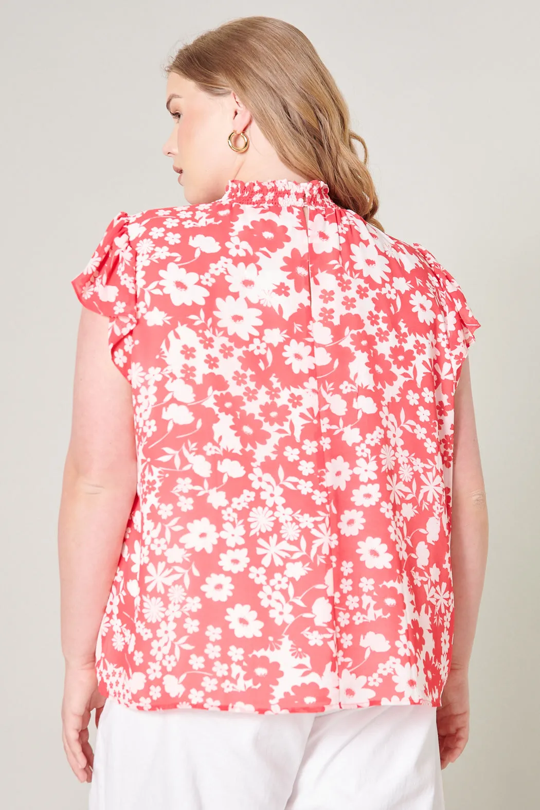 Kennedy Coral Floral Sun Up Mock Neck Blouse Curve