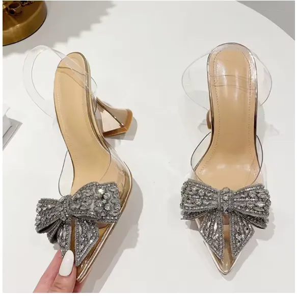 Liyke Fashion Crystal Sequined Bowknot Women Pumps Sexy Pointed Toe High Heels Wedding Prom Shoes Ladies PVC Transparent Sandals