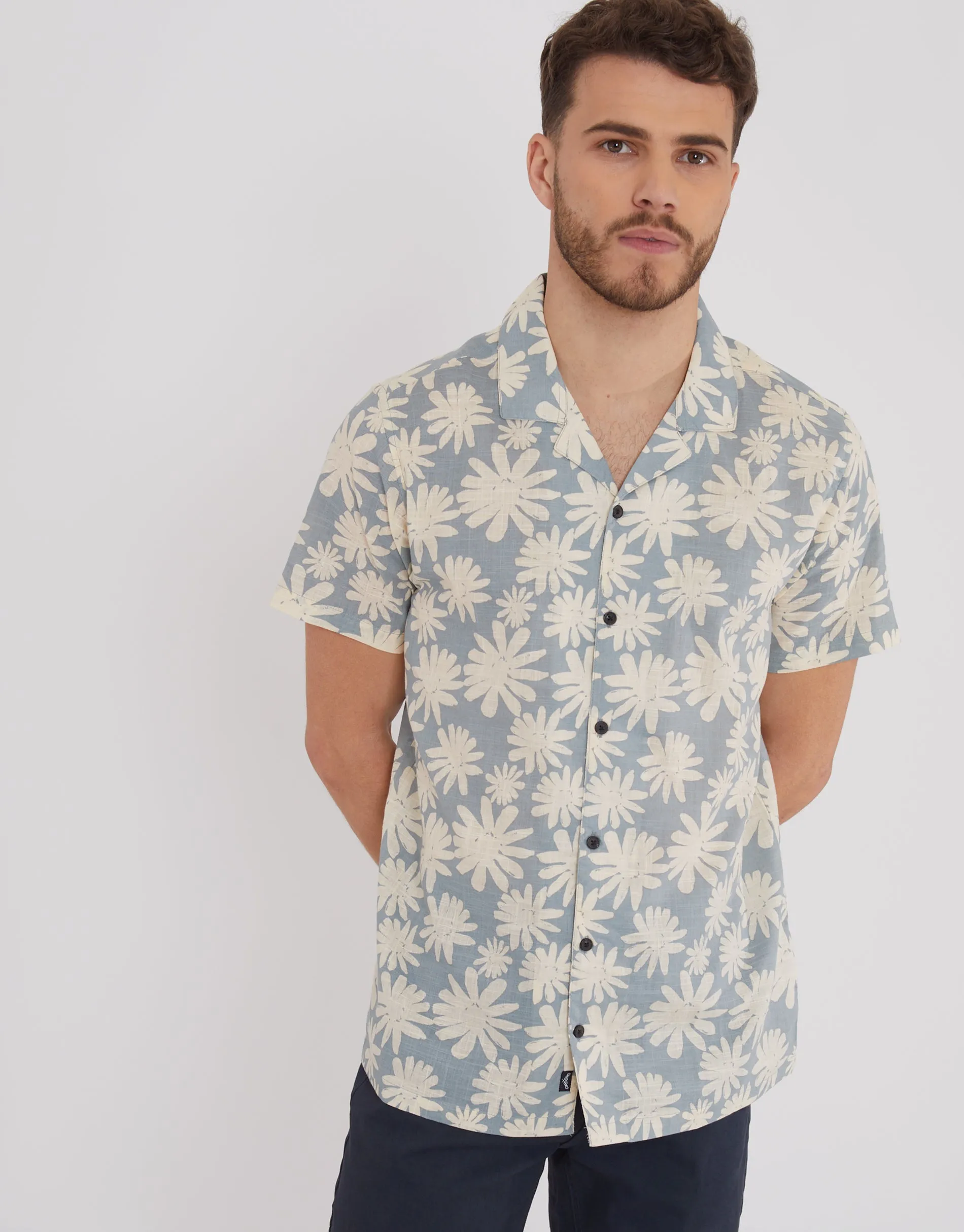 Men's Blue Abstract Floral Print Short Sleeve Shirt