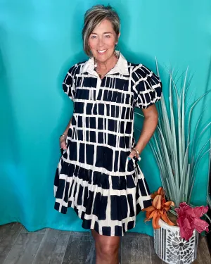 Navy Blue & Ivory Tan Geo Abstract Print Bubble Short Sleeve Mini Ruffle Hem Dress
