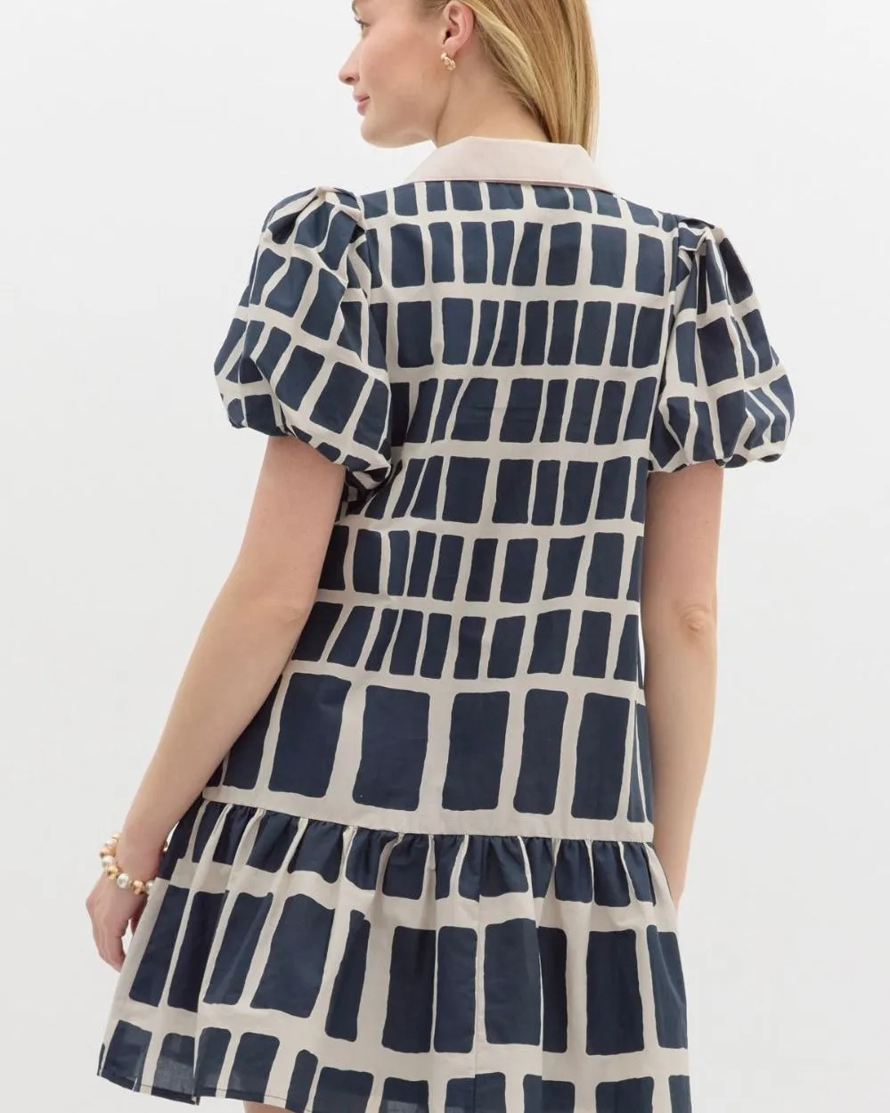 Navy Blue & Ivory Tan Geo Abstract Print Bubble Short Sleeve Mini Ruffle Hem Dress