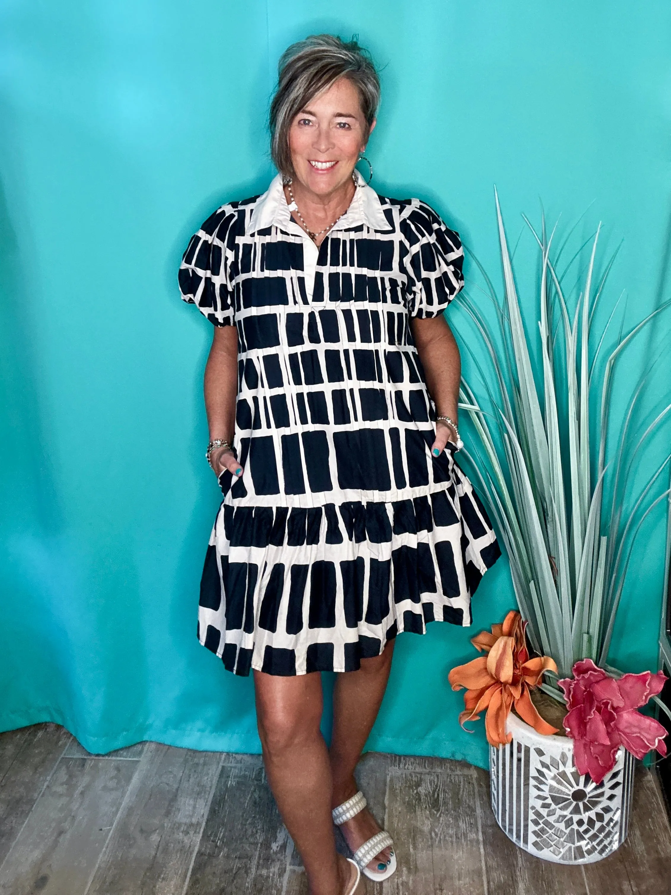 Navy Blue & Ivory Tan Geo Abstract Print Bubble Short Sleeve Mini Ruffle Hem Dress