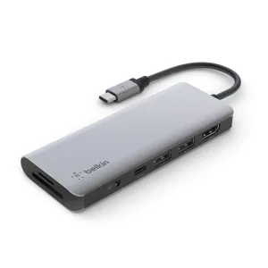 [OPEN BOX] BELKIN USB-C 7-in-1 Multiport Hub Adapter 100W Power Delivery SD 3.0, Micro SD, 3.5 - Gray Audio, USB-C, 2x USB-A, 4K HDMI - Gray