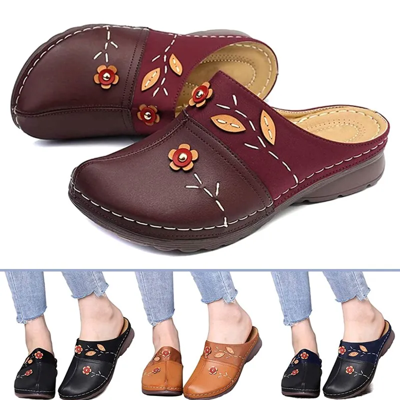 Purpdrank - Women Flat Floral Sandals PU Leather Material Comfortable Slippers for Valentine's Day Christmas Gift