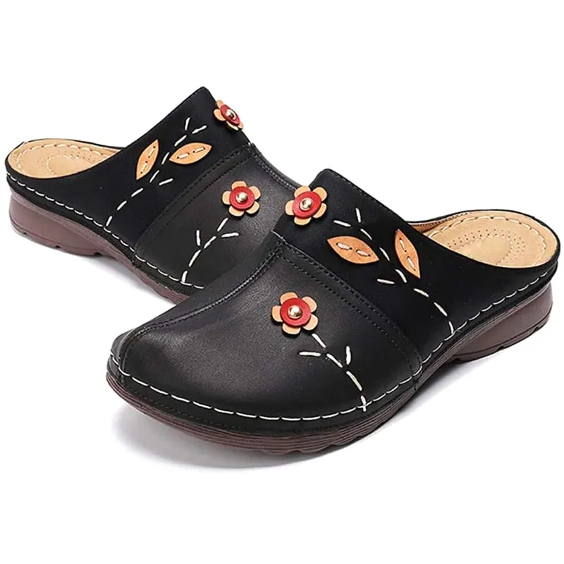 Purpdrank - Women Flat Floral Sandals PU Leather Material Comfortable Slippers for Valentine's Day Christmas Gift