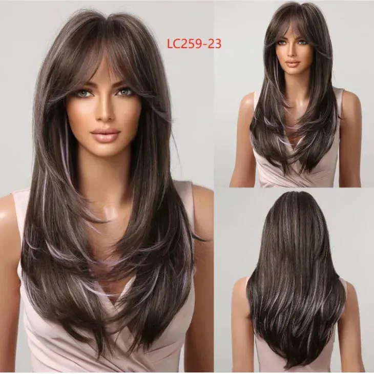 Royal Luxe Straight Bob Wig with Bangs  Dark Brown & Black Synthetic