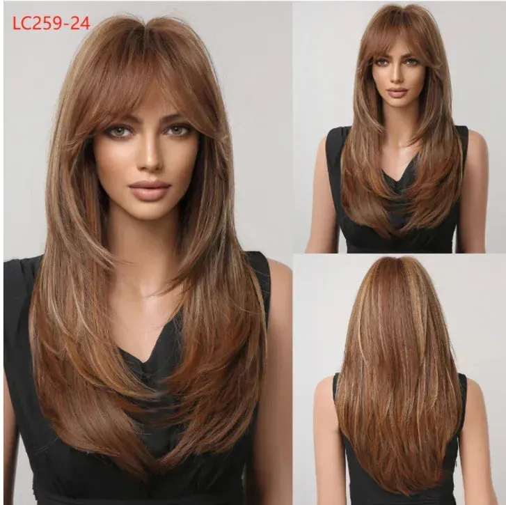 Royal Luxe Straight Bob Wig with Bangs  Dark Brown & Black Synthetic