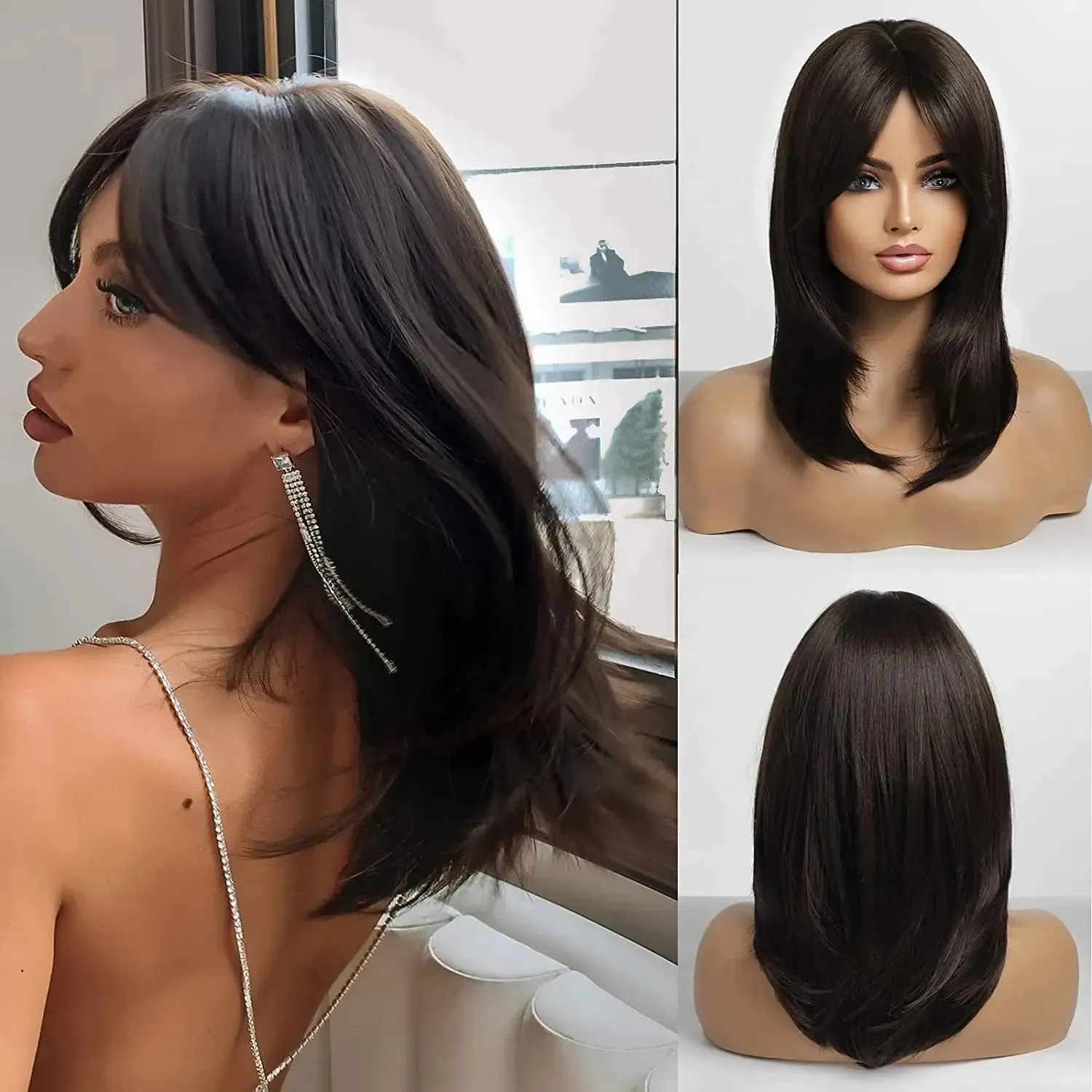 Royal Luxe Straight Bob Wig with Bangs  Dark Brown & Black Synthetic
