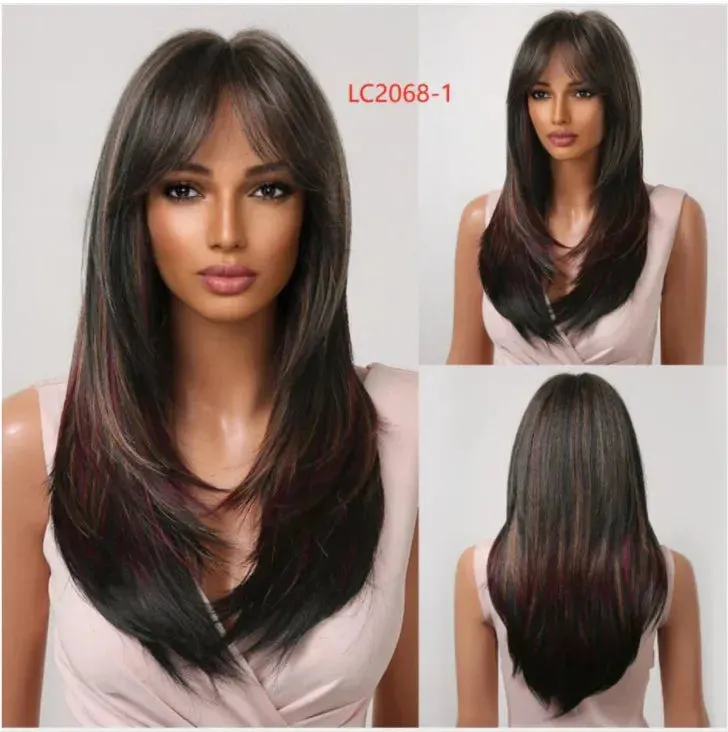 Royal Luxe Straight Bob Wig with Bangs  Dark Brown & Black Synthetic