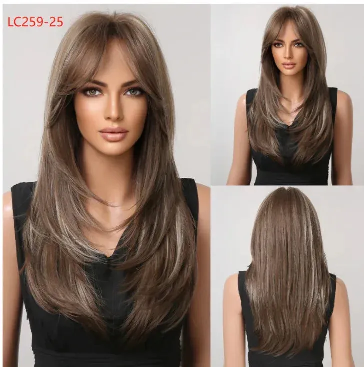 Royal Luxe Straight Bob Wig with Bangs  Dark Brown & Black Synthetic