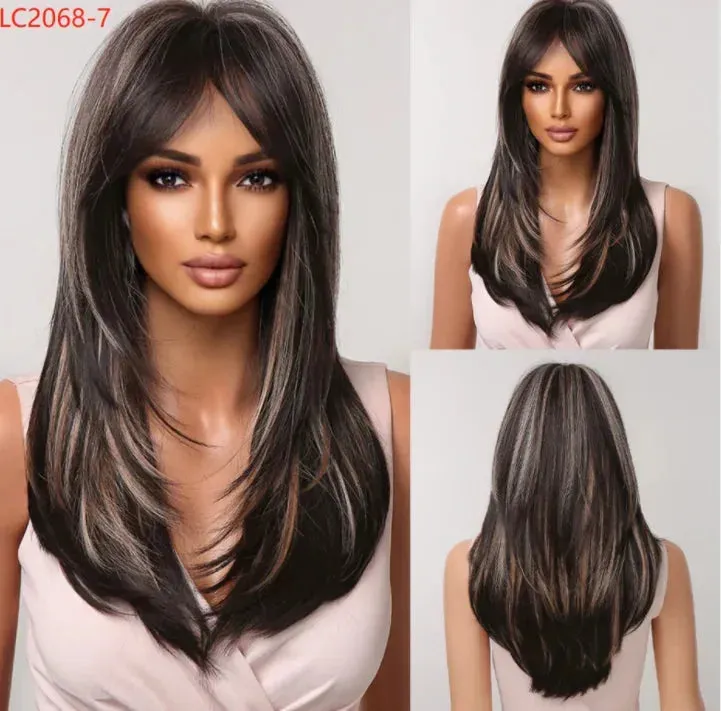 Royal Luxe Straight Bob Wig with Bangs  Dark Brown & Black Synthetic