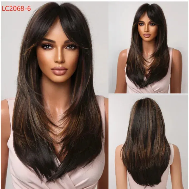Royal Luxe Straight Bob Wig with Bangs  Dark Brown & Black Synthetic