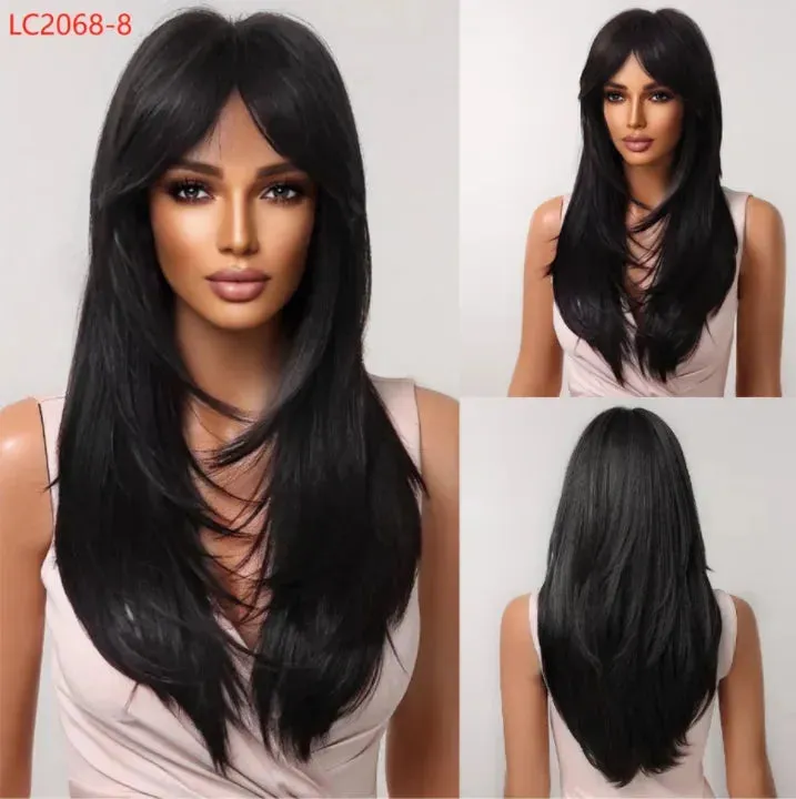 Royal Luxe Straight Bob Wig with Bangs  Dark Brown & Black Synthetic