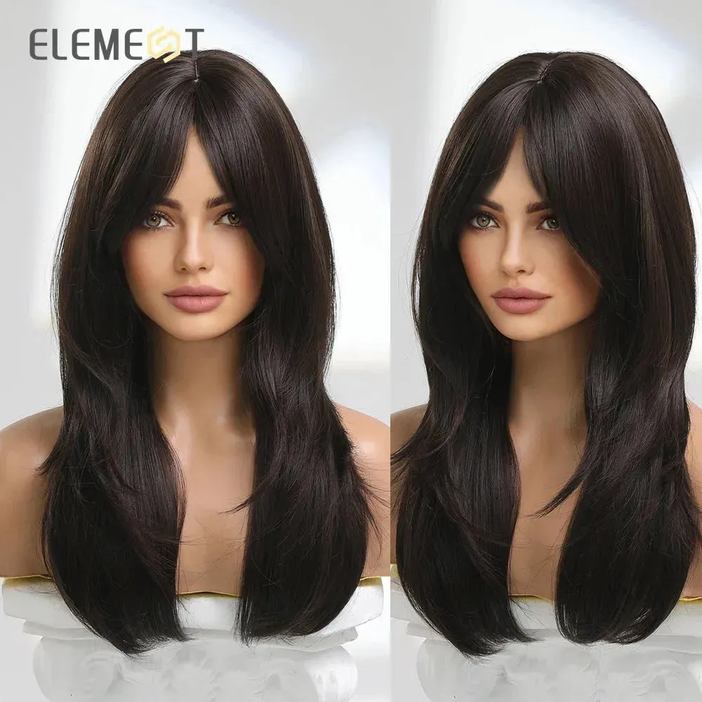Royal Luxe Straight Bob Wig with Bangs  Dark Brown & Black Synthetic