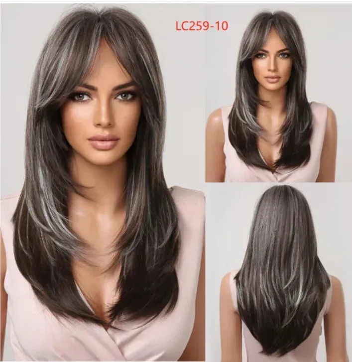 Royal Luxe Straight Bob Wig with Bangs  Dark Brown & Black Synthetic