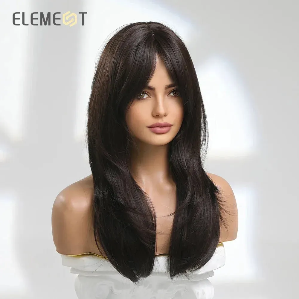 Royal Luxe Straight Bob Wig with Bangs  Dark Brown & Black Synthetic