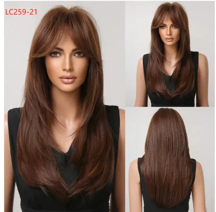 Royal Luxe Straight Bob Wig with Bangs  Dark Brown & Black Synthetic
