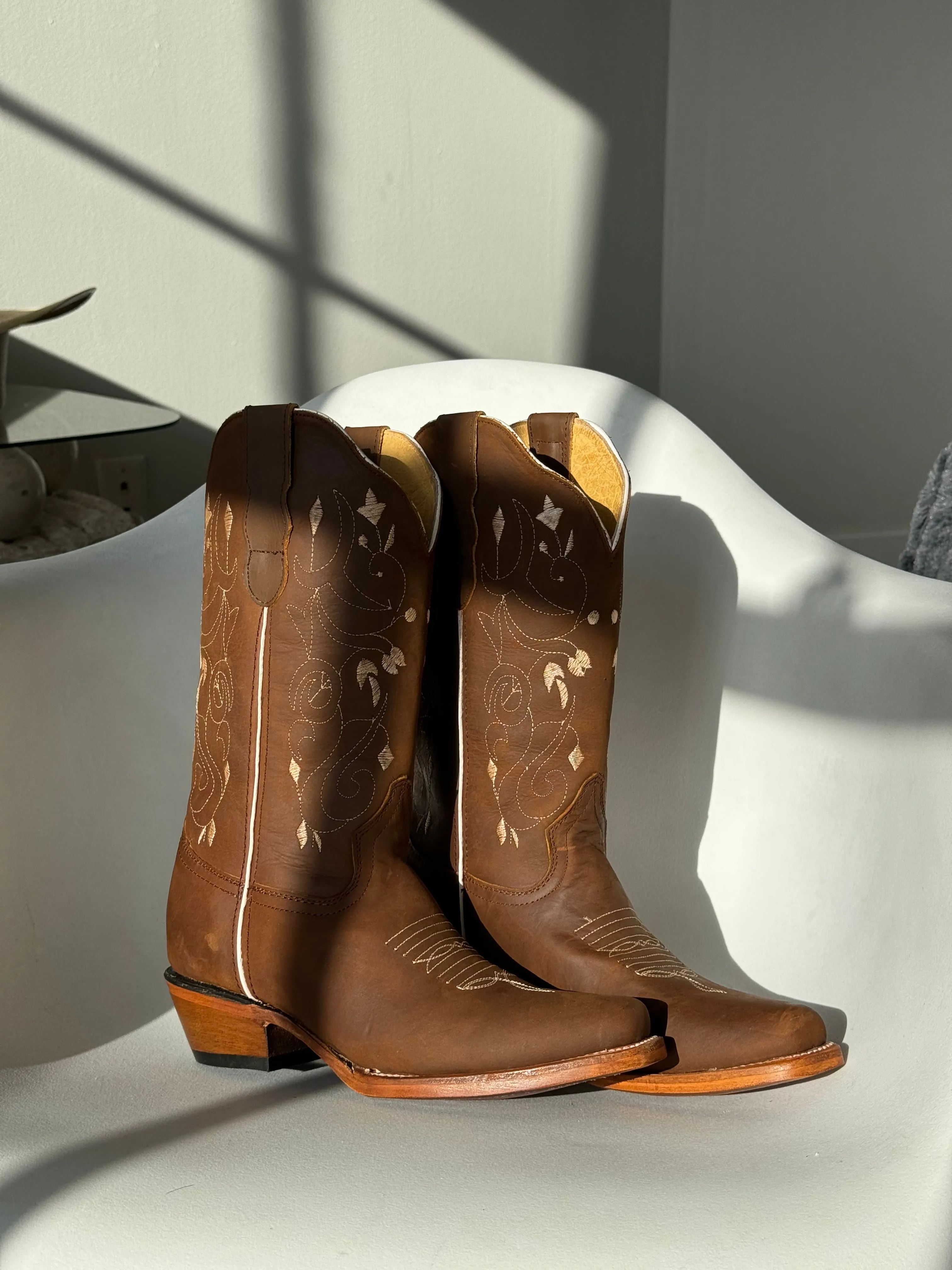 Sadie Genuine Leather Floral Cowboy Boot In Coffee