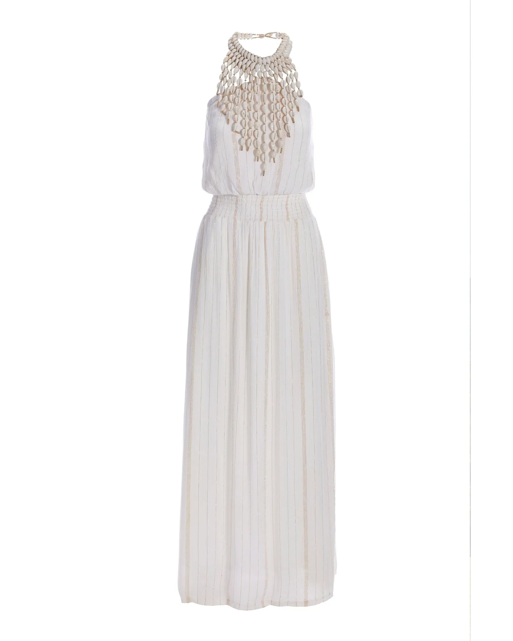 Shell Necklace Shimmer Smocked Waist Dress White Multi