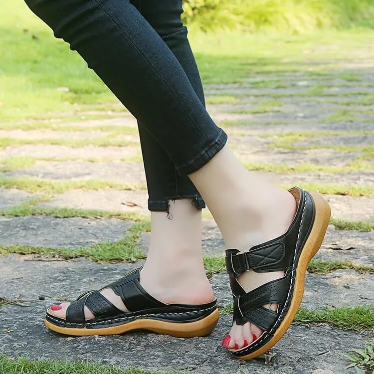 Summer Open Toe Flat Leather Buckle Slide Sandals