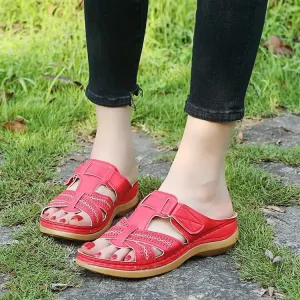 Summer Open Toe Flat Leather Buckle Slide Sandals