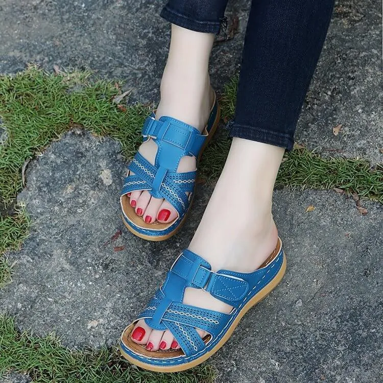 Summer Open Toe Flat Leather Buckle Slide Sandals