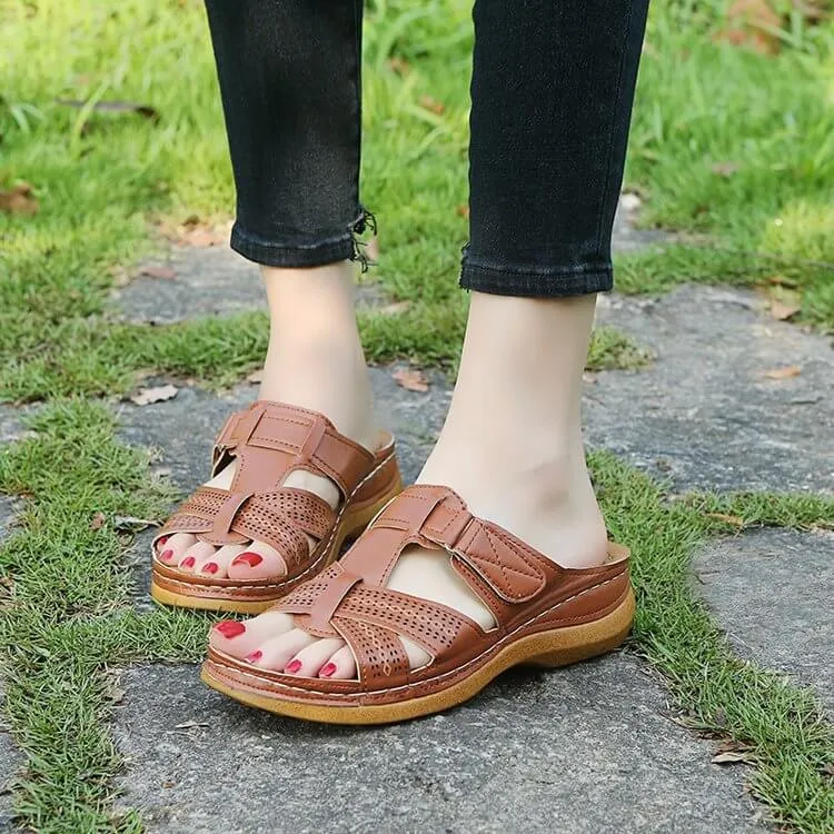 Summer Open Toe Flat Leather Buckle Slide Sandals