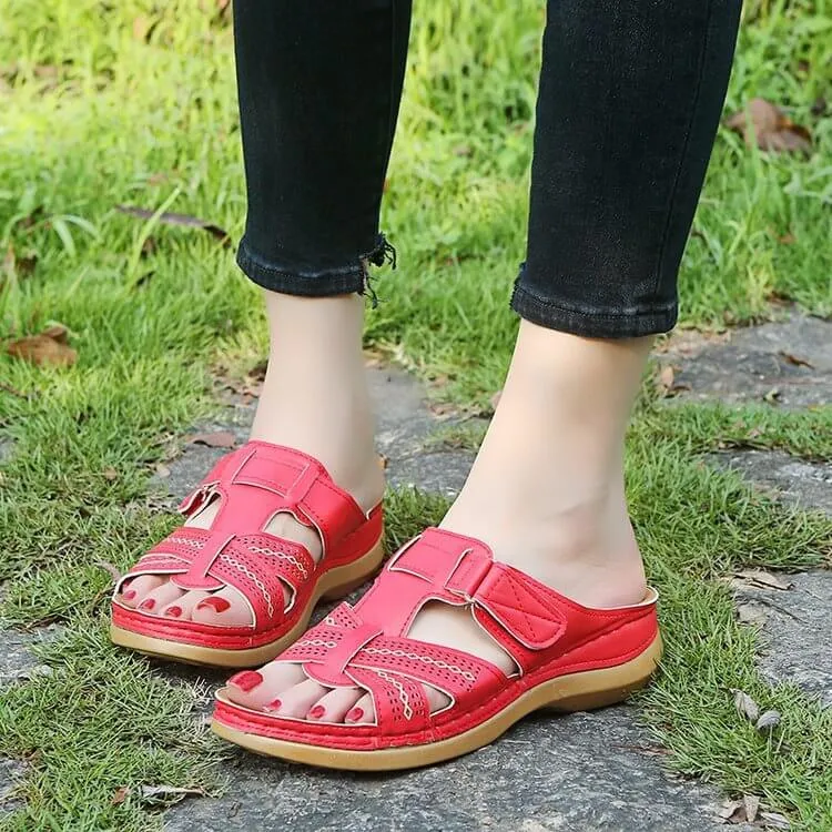 Summer Open Toe Flat Leather Buckle Slide Sandals