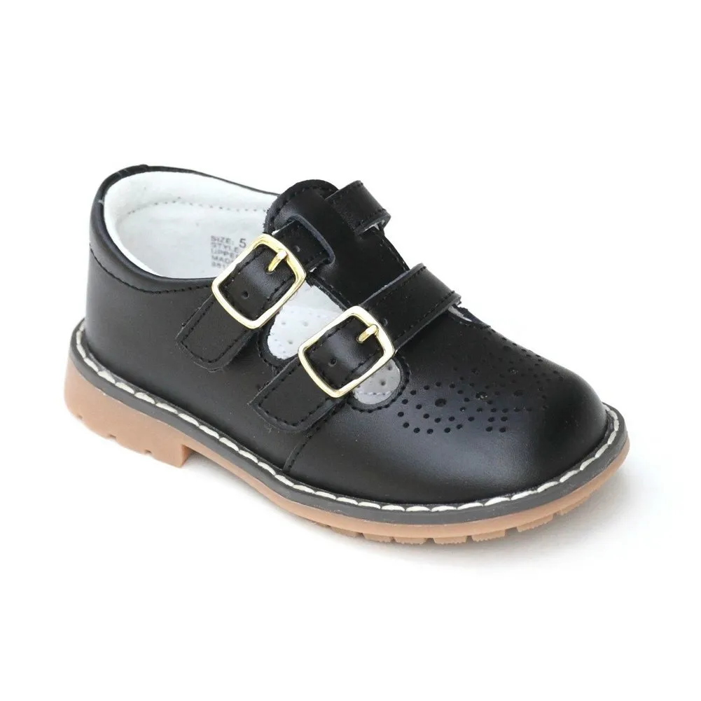 Unisex Black Double T-Strap Buckled Leather Mary Jane Shoes 5 Toddler-2 Kids