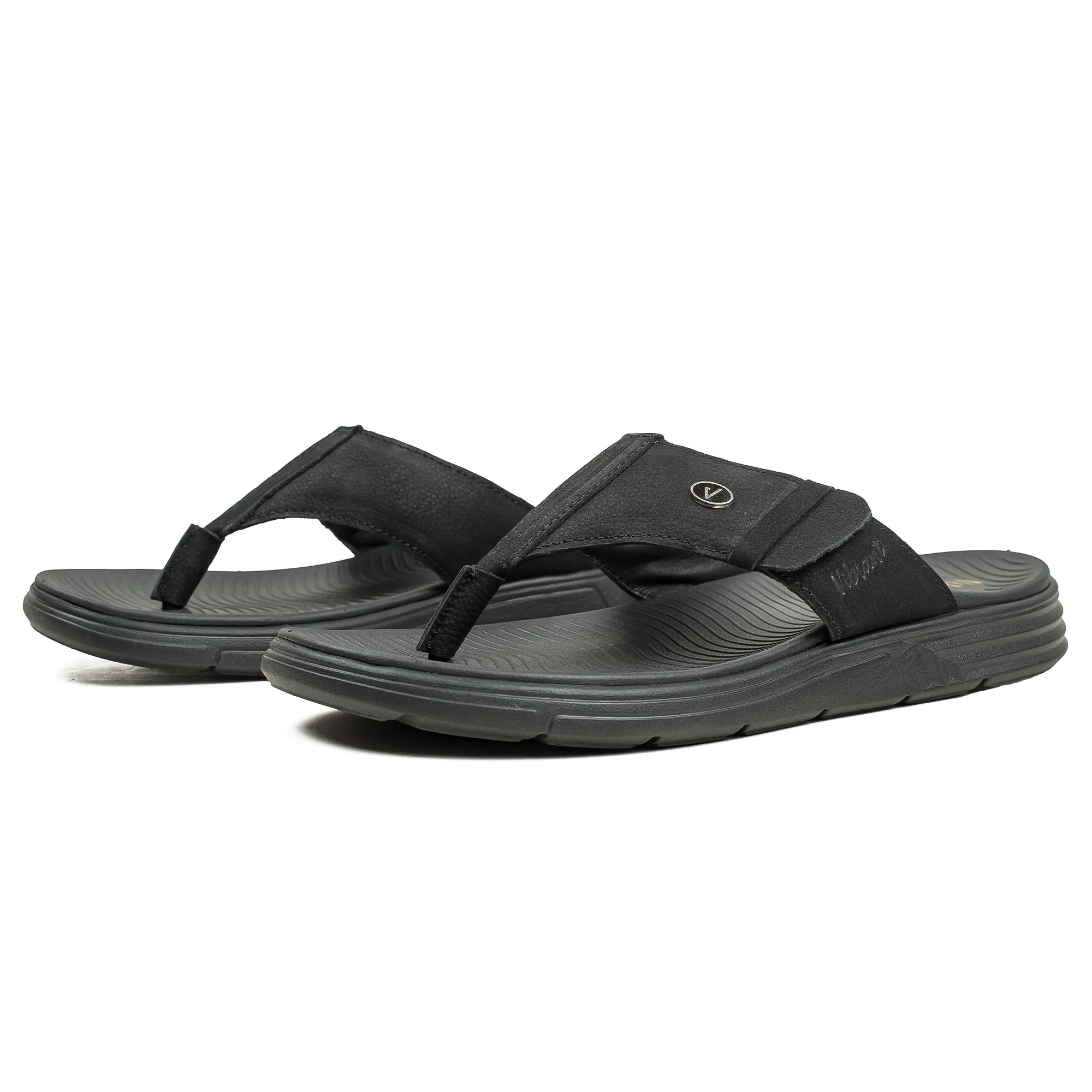Vibrant Men's Black Nubuck Leather Toe-Post Sandal – Lightweight Phylon Sole & Cushioned Insole for Maximum Comfort & Style