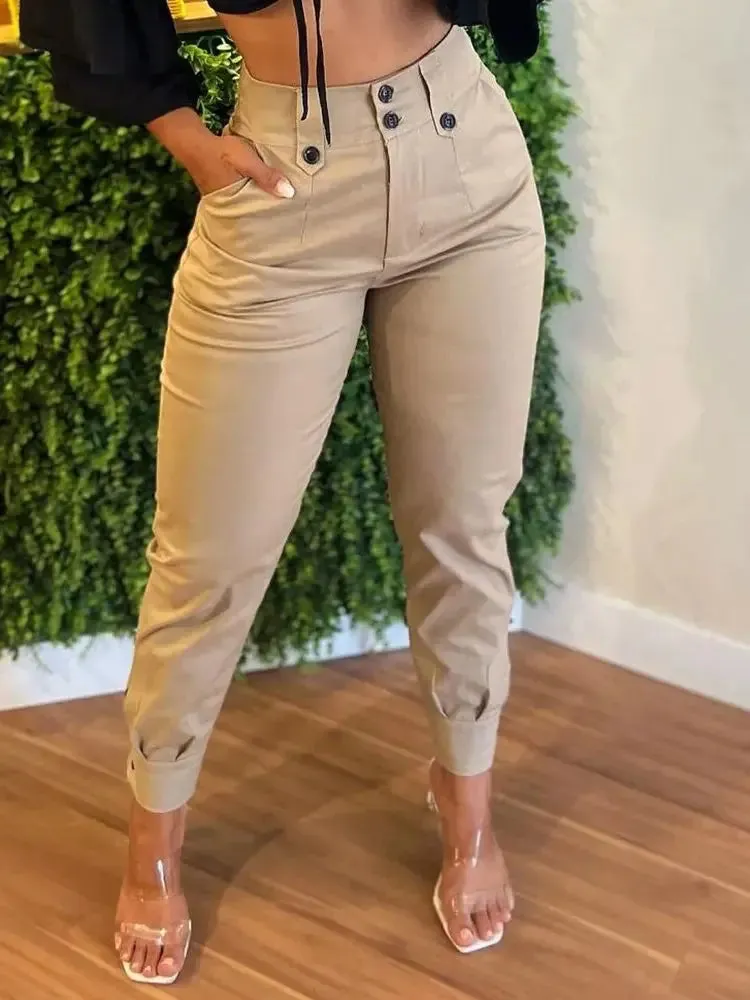 Wenkouban-back to school fit nyc outfit Button Pockets Solid Color Pencil Pants Women's High Waist Khaki Casual Trousers 2025 Summer New Fashion Streetwear Long Pants