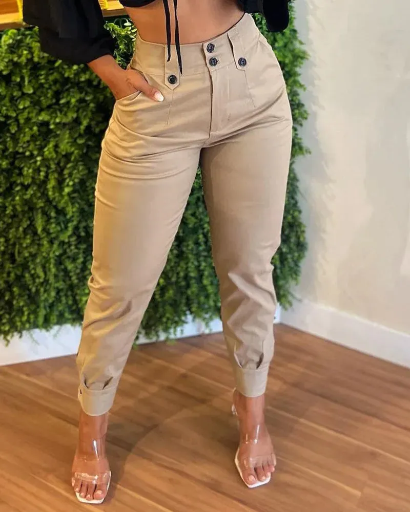 Wenkouban-back to school fit nyc outfit Button Pockets Solid Color Pencil Pants Women's High Waist Khaki Casual Trousers 2025 Summer New Fashion Streetwear Long Pants