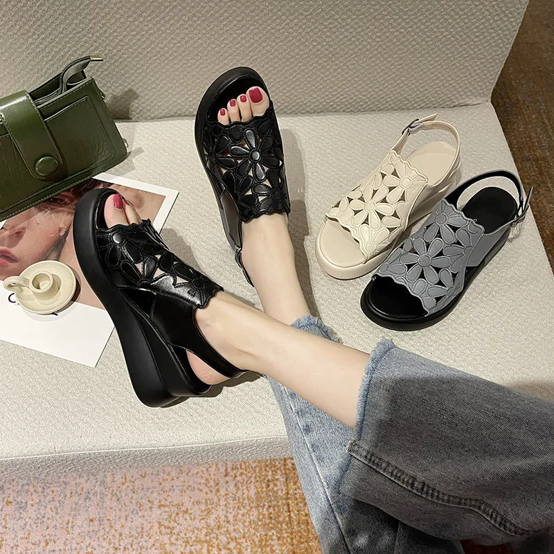 Women's Hollow Leather Wedge Sandals