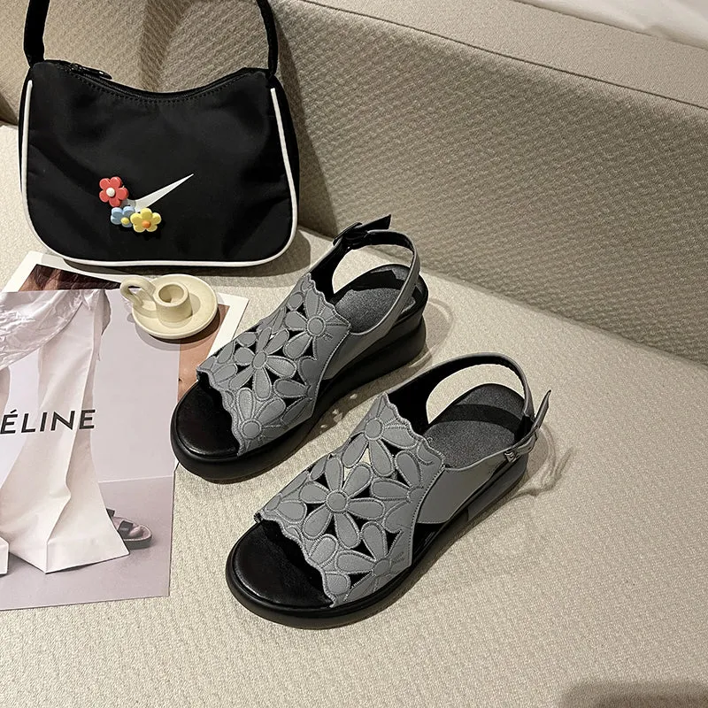 Women's Hollow Leather Wedge Sandals