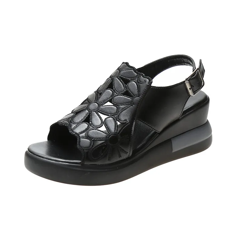 Women's Hollow Leather Wedge Sandals