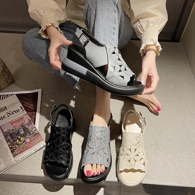 Women's Hollow Leather Wedge Sandals