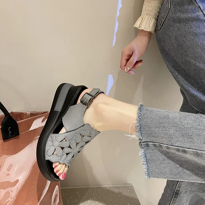 Women's Hollow Leather Wedge Sandals