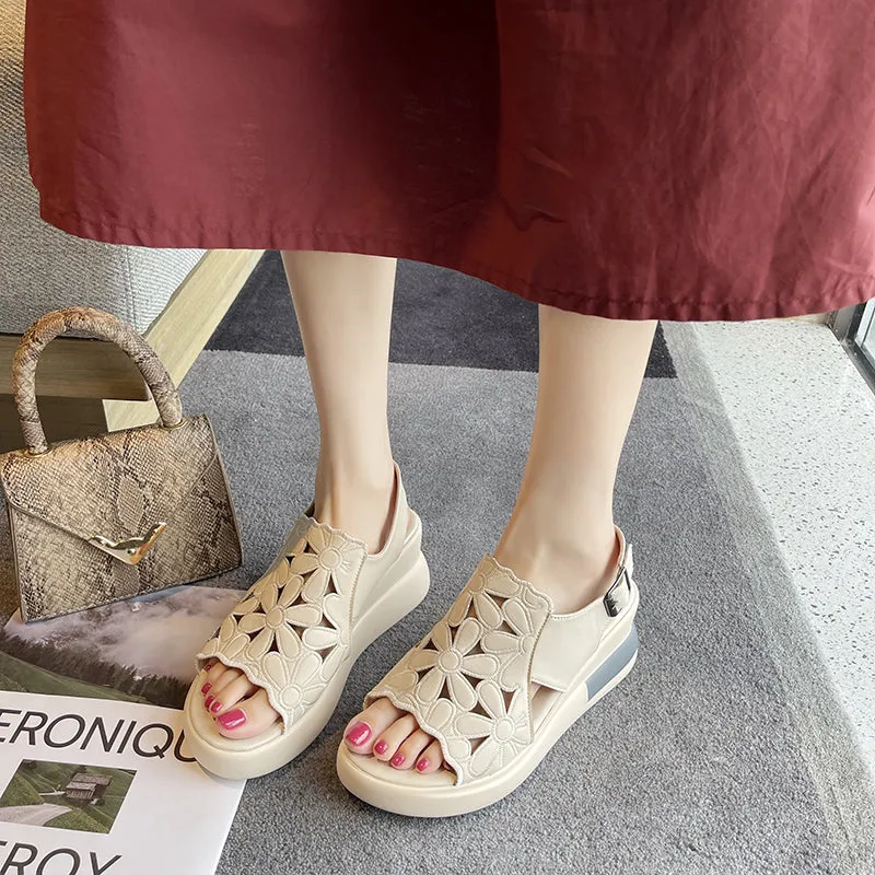 Women's Hollow Leather Wedge Sandals