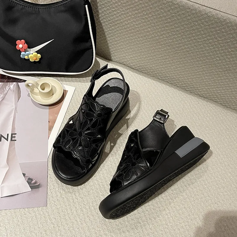 Women's Hollow Leather Wedge Sandals