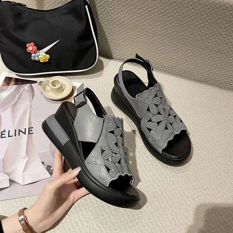 Women's Hollow Leather Wedge Sandals