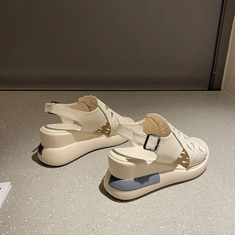 Women's Hollow Leather Wedge Sandals