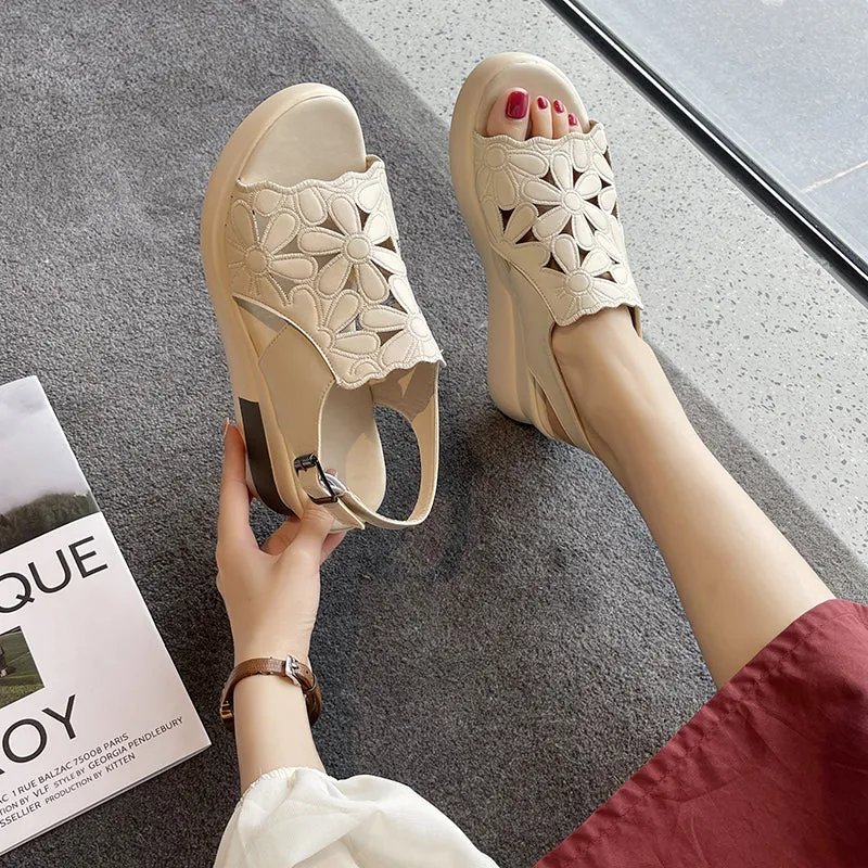 Women's Hollow Leather Wedge Sandals